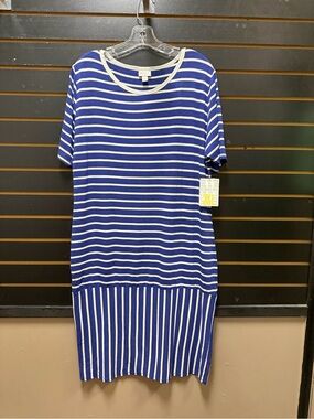 NWT LuLaRoe Julia Dress 3XL Blue White Striped Short Sleeve Stretch Midi